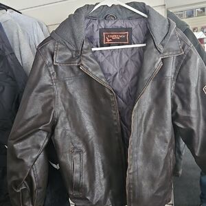 Hawke & Co Brown Faux-Leather Hooded Bomber Jacket